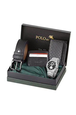 Erkek Kol Saati Dama Desenli Cüzdan Kemer Kartlık Kombin PL-0839E4 Siyah Set