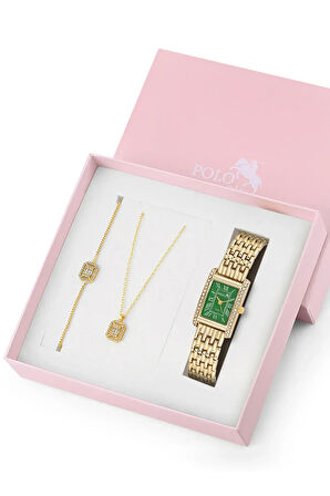 Vintage Kadın Kol Saati Zirkon Taşlı Kolye Ve Bileklik Özel Kombin Set Gold Yeşil Renk ST-2150S3