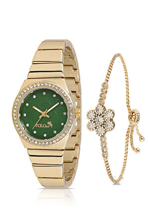 Tek Sıra Lüx Taşlı Kadın Kol Saati Zirkon Taşlı Çiçek Bileklik Gold-Yeşil PL-1490B3