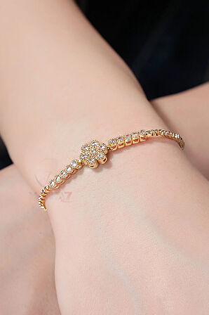 Tek Sıra Lüx Taşlı Kadın Kol Saati Zirkon Taşlı Çiçek Bileklik Gold-Yeşil PL-1490B3