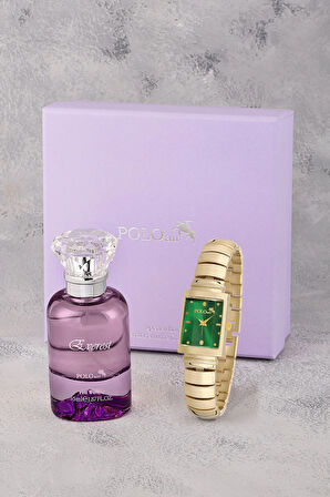 Kadın Kol Saati Ve 55 ml Parfüm Seti Mor Hediyelik Kutsunda Kombin Gold Yeşil Renk ST-2132S3