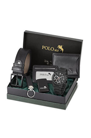 Erkek Kol Saati Cüzdan Kemer Kartlık Anahtarlık Çakmak Kombin Siyah Set PL-0854E1