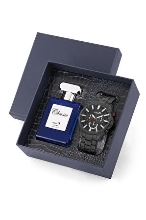 Erkek Kol Saati Ve 55 ml Parfüm Seti Şık Hediyelik Kutusunda Kombin Siyah Renk PL-0957E1