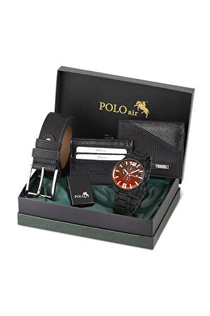 Erkek Kombin Set Kol Saati Cüzdan Kartlık Kemer Çakmak Özel Kutusunda Siyah Set PL-0794E1
