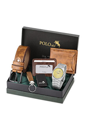 Erkek Kol Saati Cüzdan Kemer Kartlık Anahtarlık Çakmak Kombin Kahverengi Set PL-0861E4