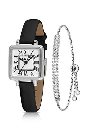 Romen Rakamlı Deri Kordon Kadın Kol Saati Zirkon Taşlı Baget Bileklik Kombin Siyah-Gümüş PL-1484B1