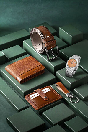 Erkek Kol Saati Cüzdan Kemer Kartlık Anahtarlık Kombin Kahverengi Set PL-0860E3