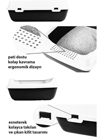 Elekli Açık Kedi Tuvaleti Krem Siyah – Kolay Temizlenebilir **Kürek Hediyeli