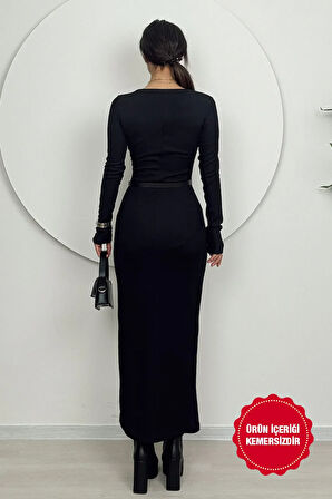 Orlina Kadın Uzun Kollu Kemersiz Bodycon Siyah Triko Elbise - Günlük Şıklık