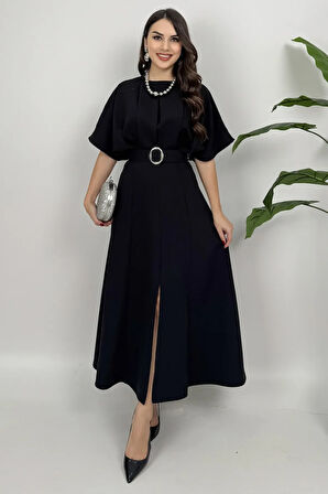 Alora Kadın Kemer Detaylı Şık Siyah Elbise – Özel Günler İçin Zarafet