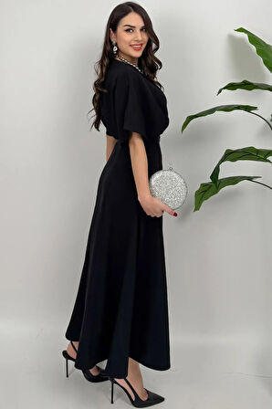 Alora Kadın Kemer Detaylı Şık Siyah Elbise – Özel Günler İçin Zarafet