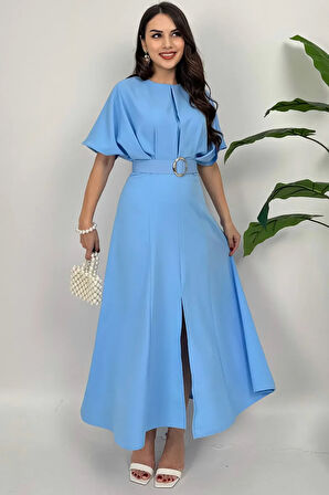 Alora Kadın Kemer Detaylı Şık Mavi Elbise – Özel Günler İçin Zarafet