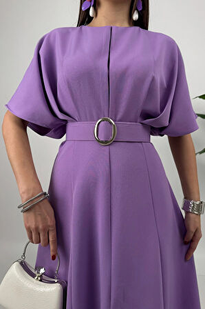 Alora Kadın Kemer Detaylı Şık Lila Elbise – Özel Günler İçin Zarafet