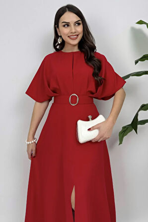 Alora Kadın Kemer Detaylı Şık Kırmızı Elbise – Özel Günler İçin Zarafet