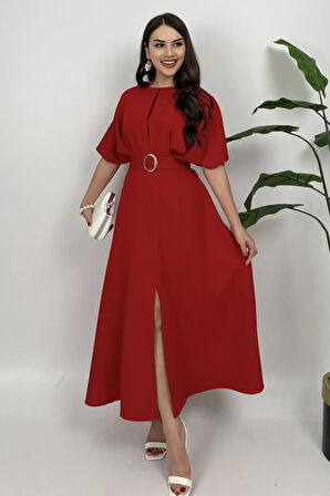 Alora Kadın Kemer Detaylı Şık Kırmızı Elbise – Özel Günler İçin Zarafet