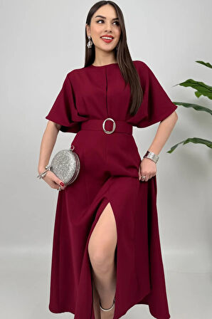Alora Kadın Kemer Detaylı Şık Bordo Elbise – Özel Günler İçin Zarafet
