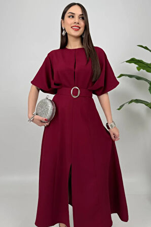 Alora Kadın Kemer Detaylı Şık Bordo Elbise – Özel Günler İçin Zarafet
