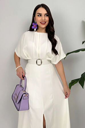 Alora Kadın Kemer Detaylı Şık Beyaz Elbise – Özel Günler İçin Zarafet