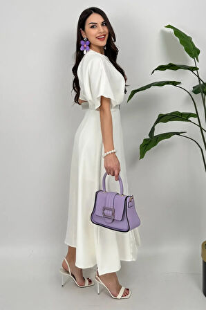 Alora Kadın Kemer Detaylı Şık Beyaz Elbise – Özel Günler İçin Zarafet