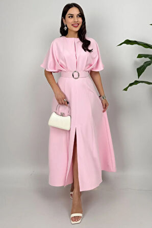 Alora Kadın Kemer Detaylı Şık Pembe Elbise – Özel Günler İçin Zarafet