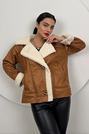 Aurelia Kadın Kürklü Rahat Oversize Peluş Taba Kaban – Şık ve Konforlu