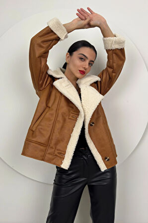 Aurelia Kadın Kürklü Rahat Oversize Peluş Taba Kaban – Şık ve Konforlu