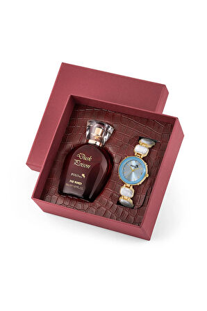 Lüx Taşlı Kadın Kol Saati Parfüm Bordo Hediyelik Kutsunda Set Mavi Gold Renk ST-2173S4