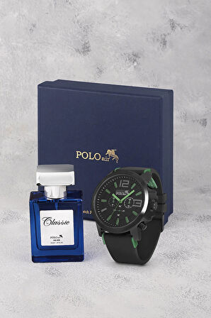 Erkek Silikon Kordon Kol Saati Ve Parfüm Seti Hediyelik Kutusunda Kombin Siyah Yeşil Renk PL-0983E3