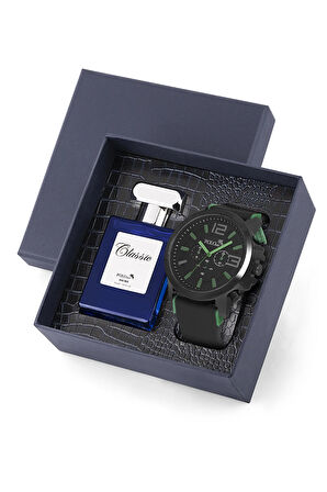 Erkek Silikon Kordon Kol Saati Ve Parfüm Seti Hediyelik Kutusunda Kombin Siyah Yeşil Renk PL-0983E3