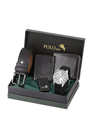 Erkek Set Kombin Kemer Cüzdan Kartlık Çakmak Kol Saati Hediyelik Kutusunda Siyah Set PL-0977E2