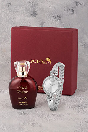 Vintage Kadın Kol Saati Parfüm Bordo Hediyelik Kutsunda Set Gümüş Renk ST-2171S2
