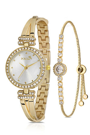 Vintage Kadın Kol Saati Zirkon Taşlı Yuvarlak Bileklik Kombin Gold Renk PL-1534B1