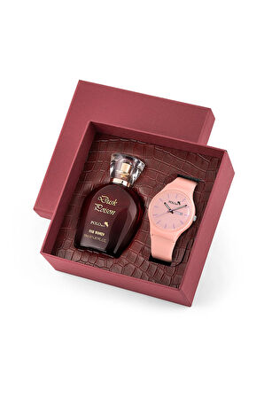 Spor Gün Ay Takvimli Kadın Kol Saati Parfüm Bordo Hediyelik Kutsunda Set Toz Pembe Renk ST-2169S6