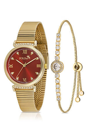 Klasik Kadın Kol Saati Zirkon Taşlı Yuvarlak Bileklik Kombin Gold Kırmızı Renk PL-1554B8
