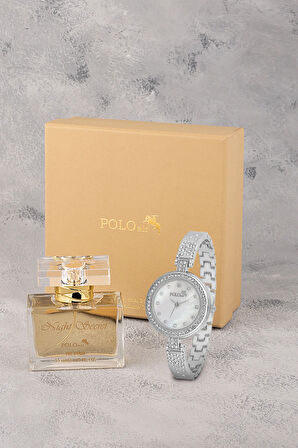 Retro Lüx Taşlı Kadın Kol Saati Ve Parfüm Seti Hediyelik Kutsunda Kombin Gümüş Renk ST-2176S2
