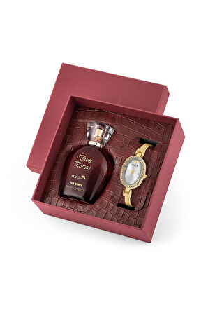 Oval Kasa Kadın Kol Saati Parfüm Bordo Hediyelik Kutsunda Set Gold Renk ST-2170S1