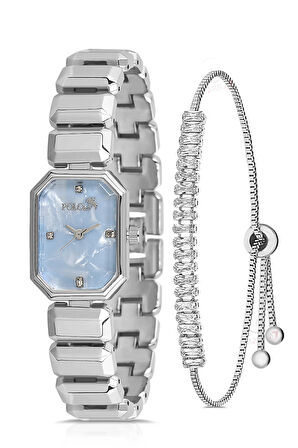 Zarif Dikdörtgen Kasa Kadın Kol Saati Zirkon Taşlı Baget Bileklik Kombin Gümüş Mavi Renk PL-1532B5