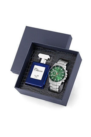 Erkek Kol Saati 55ml Parfüm Hediyelik Kutusunda Kombin Gümüş Yeşil Renk PL-7016E4