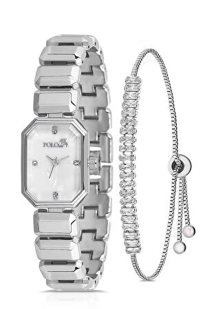 Zarif Dikdörtgen Kasa Kadın Kol Saati Zirkon Taşlı Baget Bileklik Kombin Gümüş Renk PL-1532B2