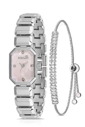 Zarif Dikdörtgen Kasa Kadın Kol Saati Zirkon Taşlı Baget Bileklik Kombin Gümüş Pembe Renk PL-1532B4