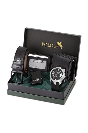 Erkek Set Kombin Kemer Cüzdan Kartlık Çakmak Kol Saati Hediyelik Kutusunda Siyah Set PL-0974E4