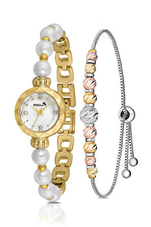 Zarif İnci Görünümlü Kadın Kol Saati Dorika Bileklik Kombin Gold Beyaz Renk PL-1530B1