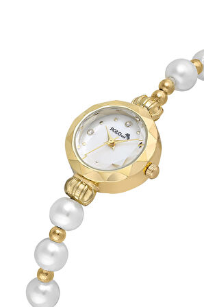 Zarif İnci Görünümlü Kadın Kol Saati Dorika Bileklik Kombin Gold Beyaz Renk PL-1530B1