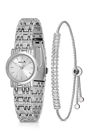 Zarif Kadın Kol Saati Zirkon Taşlı Baget Bileklik Kombin Gümüş Renk PL-1549B2