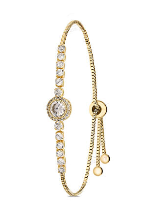 Lüx Taşlı Hasır Metal Kordon Kadın Kol Saati Zirkon Taşlı Yuvarlak Bileklik Gold Renk PL-1547B1