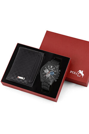 Erkek Kol Saati Ve Dama Desen Cüzdan Hediyelik Kutusunda Kombin Siyah Renk PL-7019E1