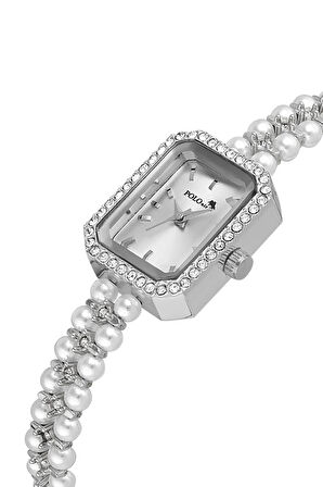 Dikdörtgen Kasa Inci Taşlı Görünümlü Kordon Kadın Kol Saati Beyaz Gümüş Renk Pl-1529b2x