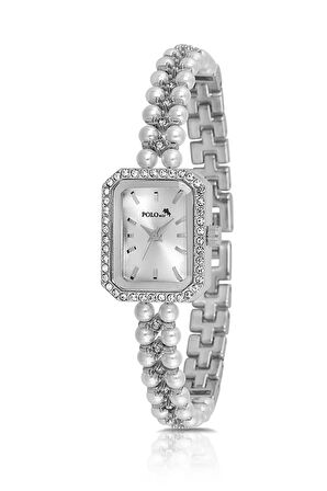 Dikdörtgen Kasa Inci Taşlı Görünümlü Kordon Kadın Kol Saati Beyaz Gümüş Renk Pl-1529b2x