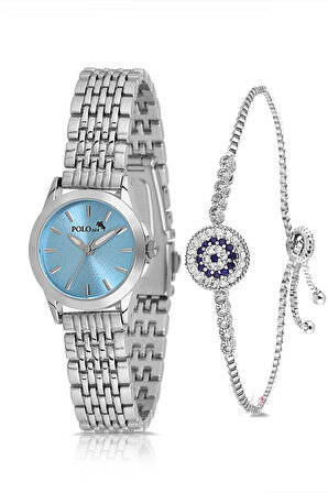 Zarif Kadın Kol Saati Zirkon Taşlı Nazar Bileklik Kombin Gümüş Mavi Renk PL-1550B5