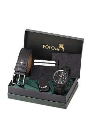 Erkek Set Kombin Kemer Cüzdan Kartlık Çakmak Kol Saati Hediyelik Kutusunda Siyah Set PL-0964E1